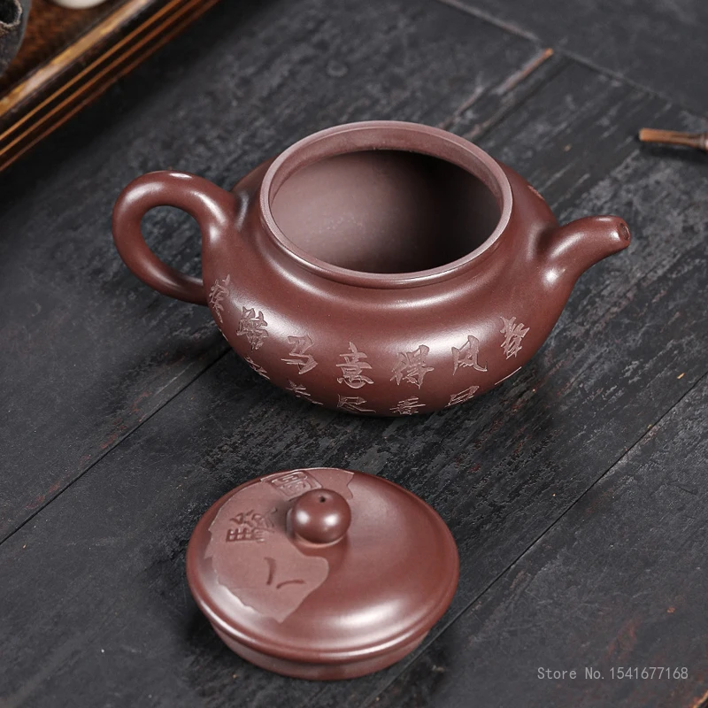 350CC Handmade Kettle Yixing Purple Clay Carving Patterns of Eight Horses Teapot Puer Tea Set Kung Fu Zisha Teaware Chinese, 1Pc
