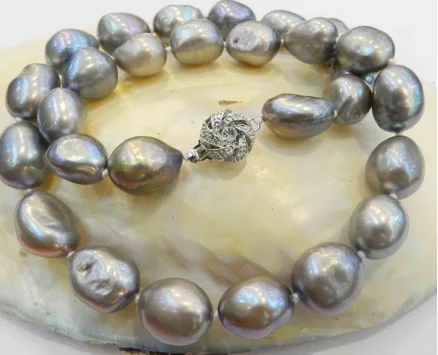

LARGE 11-13MM SILVER GRAY REAL BAROQUE CULTURED PEARL NECKLACE 18"
