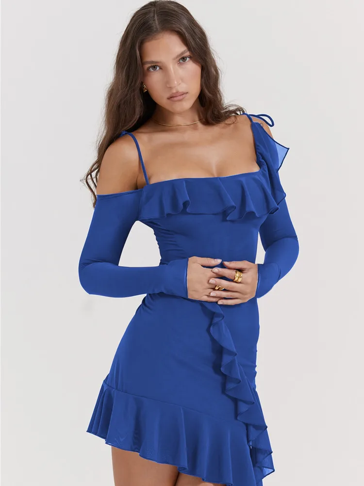 

JULISSA MO Women Sexy Patchwork Mesh Ruffles Long Sleeve Mini Dress Fahion Backless Irregular Lace-up Outfits Femme Party Club