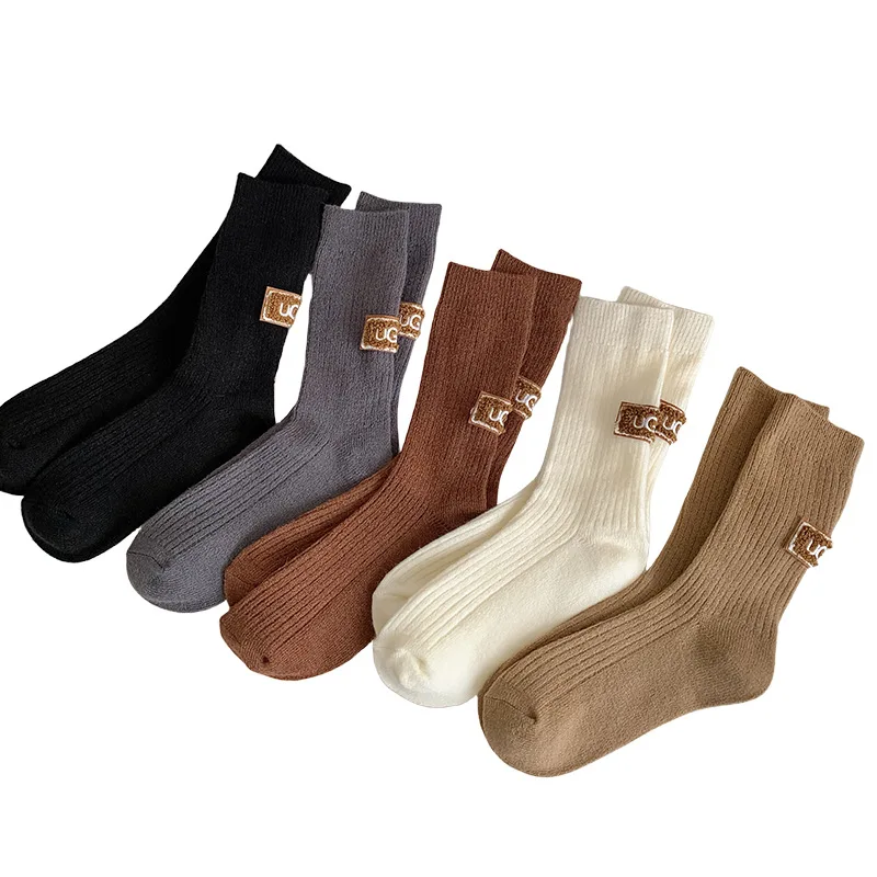 3 Pairs Wool Cashmere Socks Women Solid Thick Pile Socks Embroidered Logo Mid-Calf Casual Snow Boot women socks