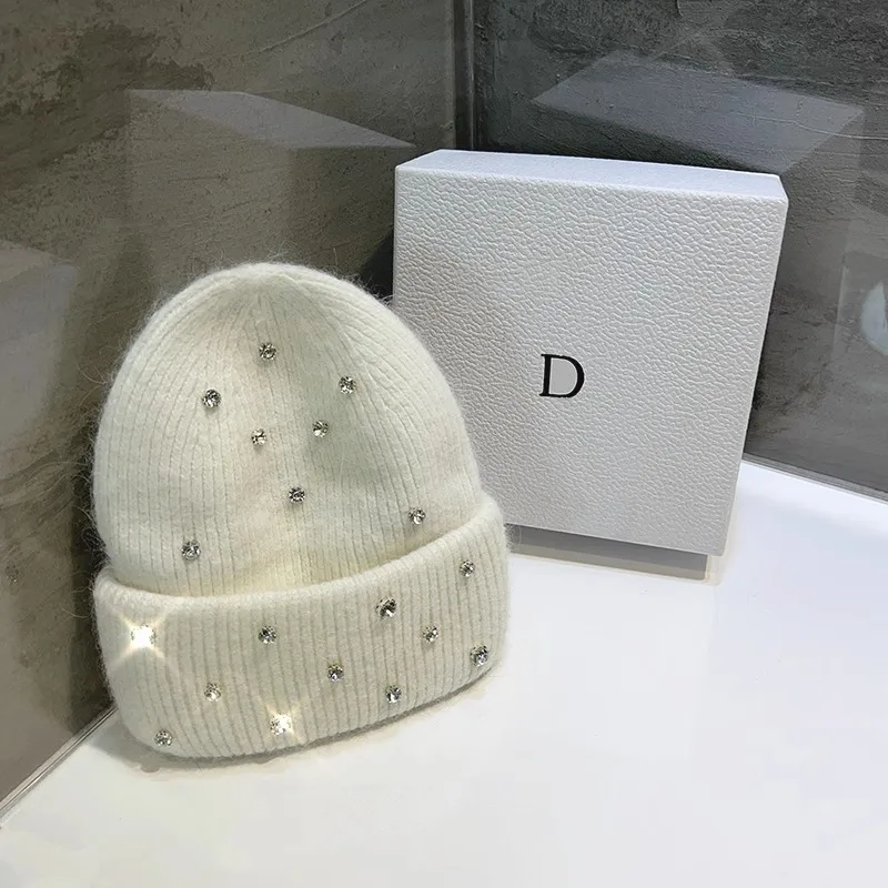 2024 Luxury Rhinestone Winter Hats for Womem Elegant Fashion Designer Angola Warm Beanies Soft  Solid Adult Cover Head Cap 5