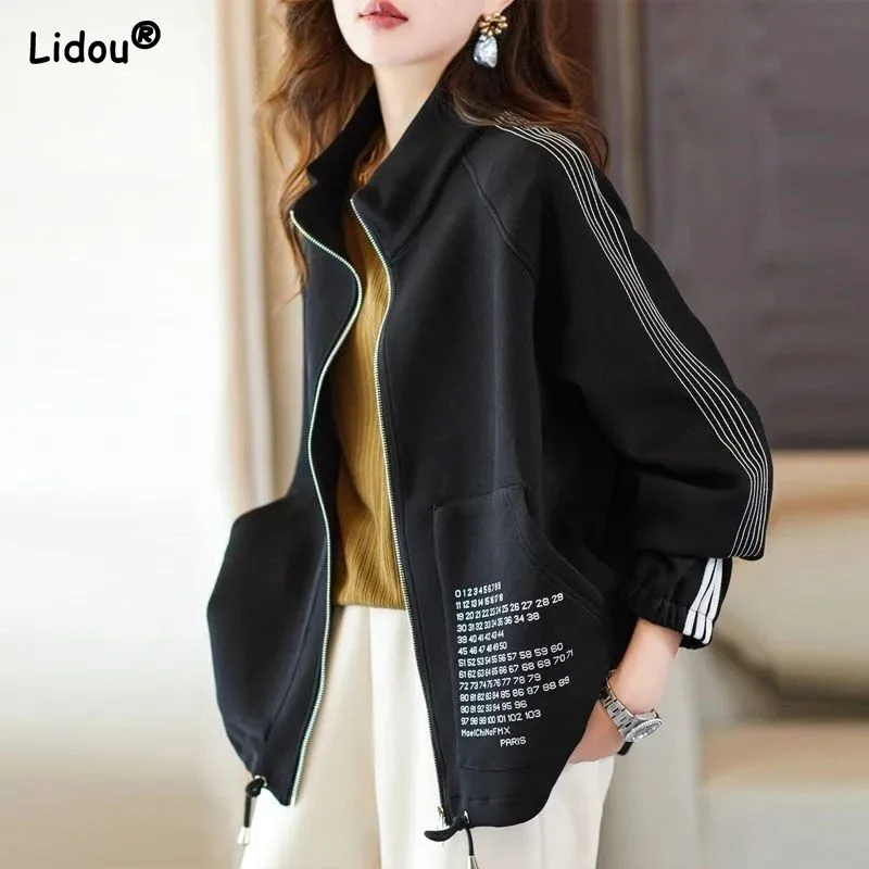 2023 New Spring and Autumn Fashion Handsome Street Style Standing Neck Stripe Letter Print Loose Leisure Oversize Sports Coat winter men women s hooded harajuku retro high street vibe style hiphop letter print coat sports jacket oversize streetwear