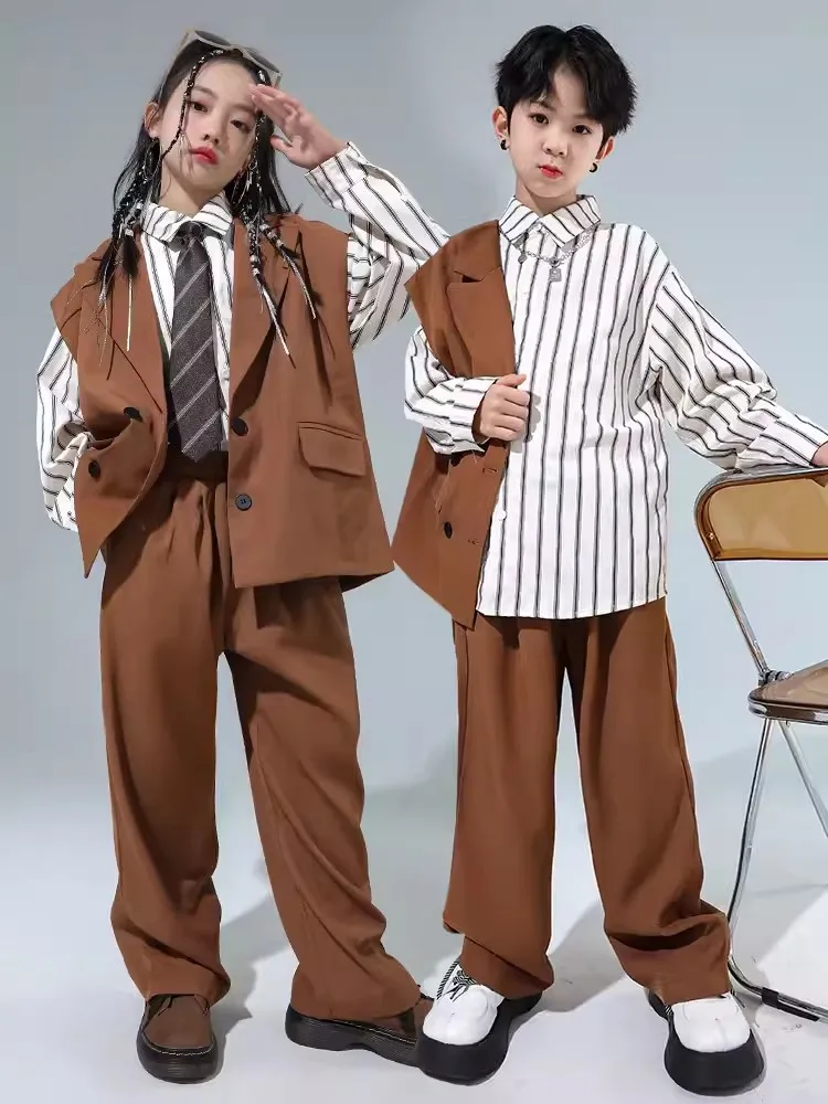New Hip Hop Kids Clothes Brown Vest Pants Long Sleeves Shirts Boys Street Dance Breaking Performance Costume Girls Suit BL11850