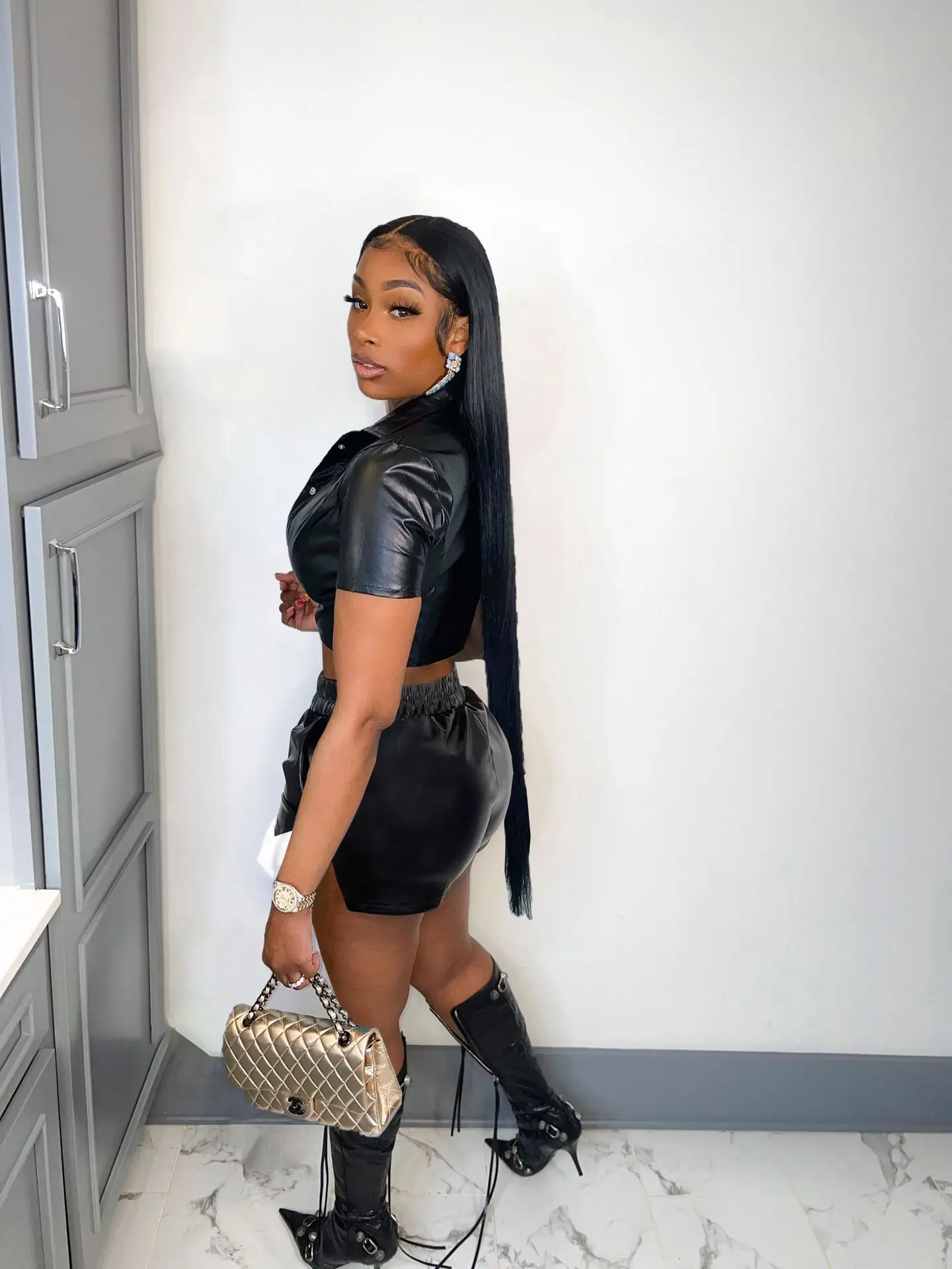 FAGADOER Leather Short Sets Women Lapel Buttons Sexy Top+shorts 2 Piece Sets Women Outfits Street Style Summer Club Matching Set
