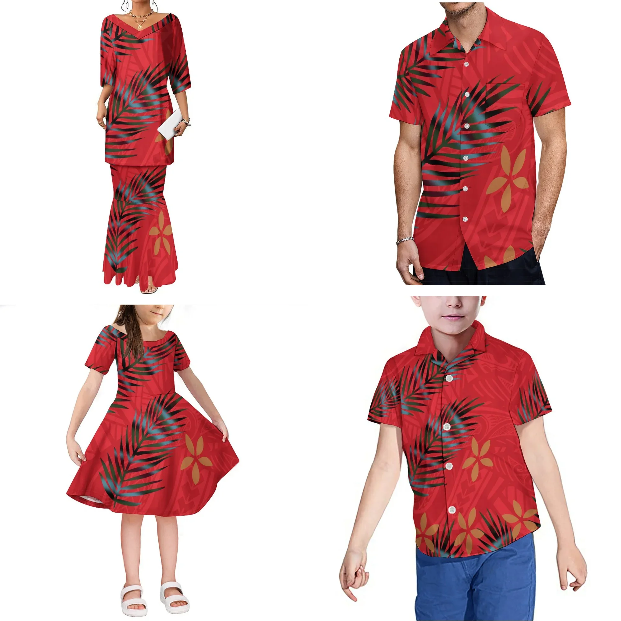 

Custom Womens 2 Piece Outfits Sets Fishtail Dress Hot Sales Polynesian Tribal Design V Neck Samoan Puletasi 2 Pcs
