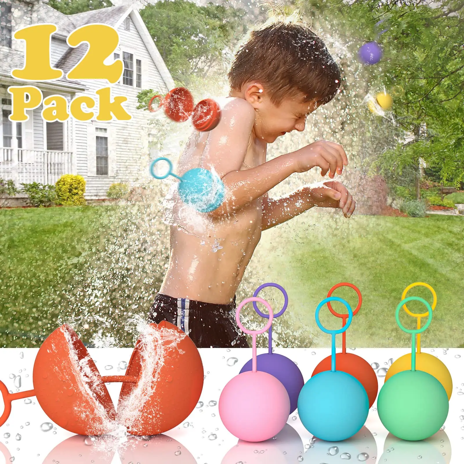 

12 Pack Water Balloons for Kids, Reusable Quick-fill Water Balls Outdoor Toys for Girls and Boys
