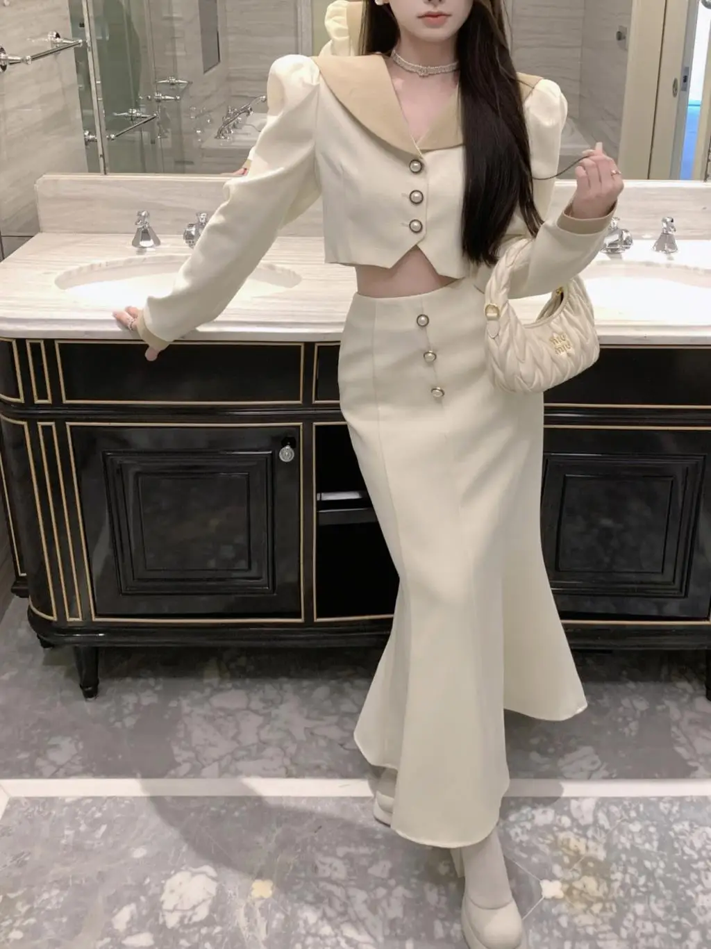 Elegant Two Piece Set Women Long Sleeves Short Coat + High Waist Mermaid Skirt Autumn Winter Solid Korean Style Patchwork Outfit
