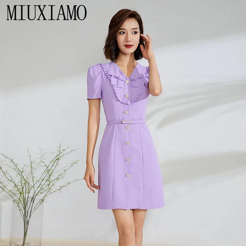 

MIUXIMAO 2022 High Quality Spring&Summer Elegant Dress Short Sleeve V-Neck Solid Belt Fashion Mini Dress Women Vestides