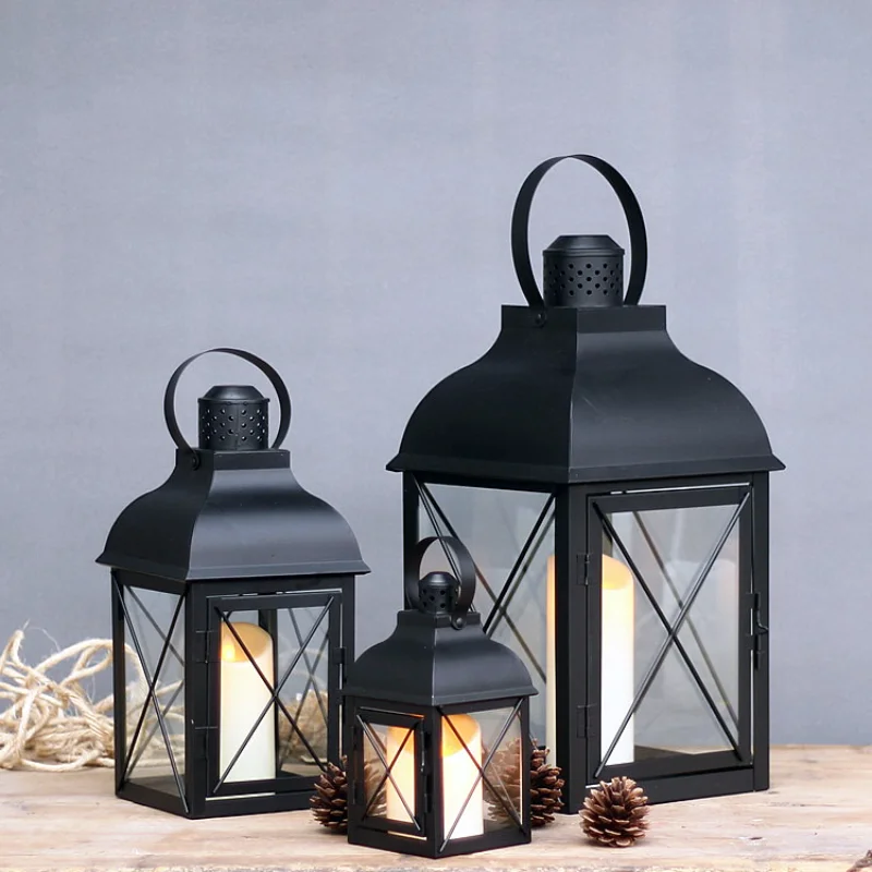 Set of 3 Decorative Black Iron Candle Lanterns 22"送料無料 品質保証 品質保証