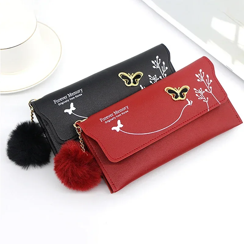 Butterfly Designer Women Long Wallets PU Money Bag Solid Wool Ball Bow Clutch Bag Large Capacity Card Coin Purse