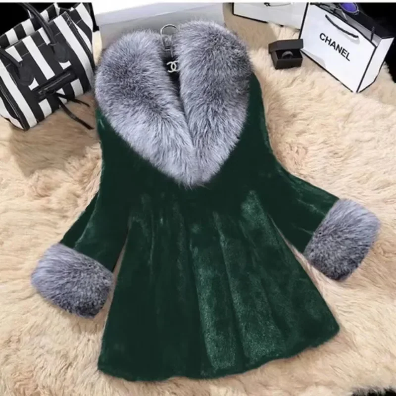 Woman Winter Fox Fur Collar Fur Coat 2023 New Mid-length Mink Fur Slim Fit Temperament Large Size Fur Fashion Coat Women Clothes