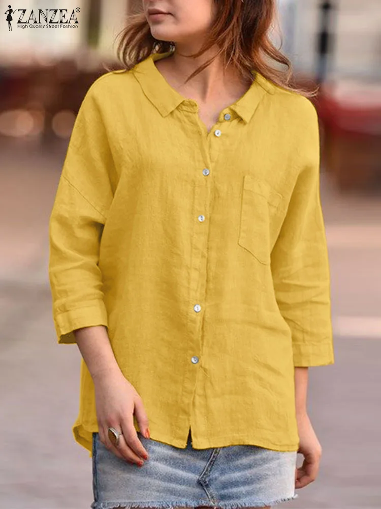 Blusa De Lino Para Mujer Minibee - Manga 3/4, Cuello Redondo Con Botón Chino, Transpirable Y Casual