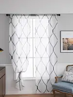 Moroccan printed Trellis White Sheer Curtains 1 Panels, Damask Textured Rod Pocket Voile Tulle Semi  Drapes,door curtains 1