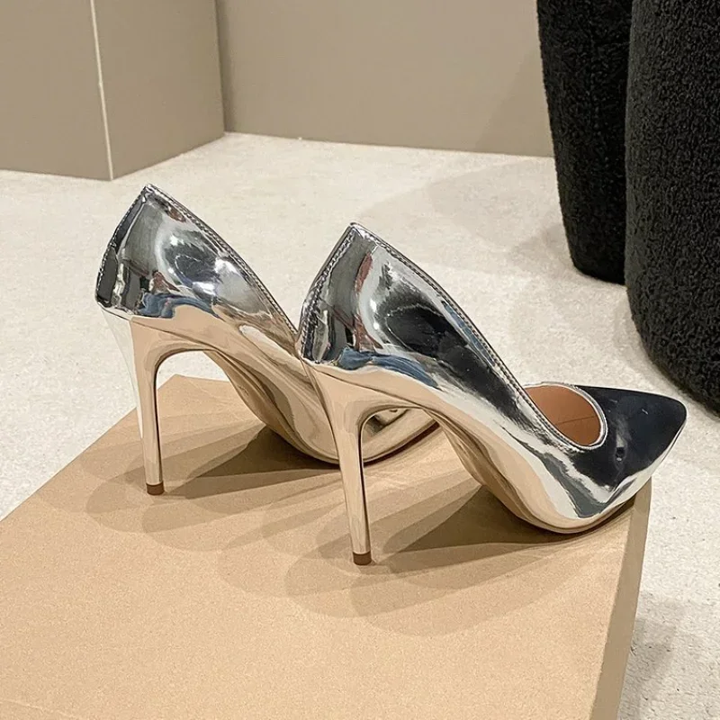 Soft Leather Sliver Gold High Heels 8/10cm Shoe Fashion Women Pumps Pointed Toe Slip-on Office Woman Wedding Shoes Large Size 43 3