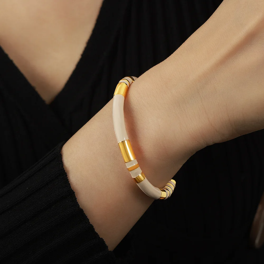 Chic Cuff Bracelets For Women Stainless Steel Beige Black Enamel Women Smooth Bangle Waterproof Charm Daily Jewelry bangle bracelet stainless steel bracelet