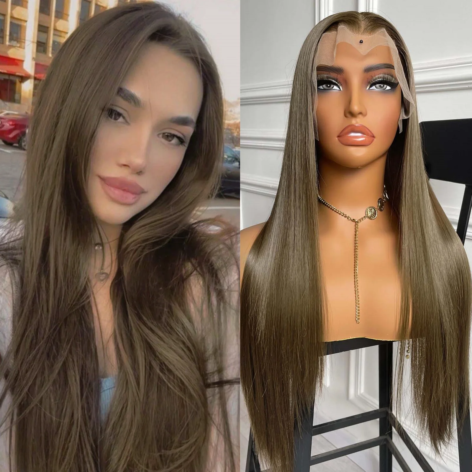 Synthetic Wig 13X4 Long Straight Synthetic Hair Lace Front Wig Natural Brown Brunette Colored Lace Frontal Wigs for Women