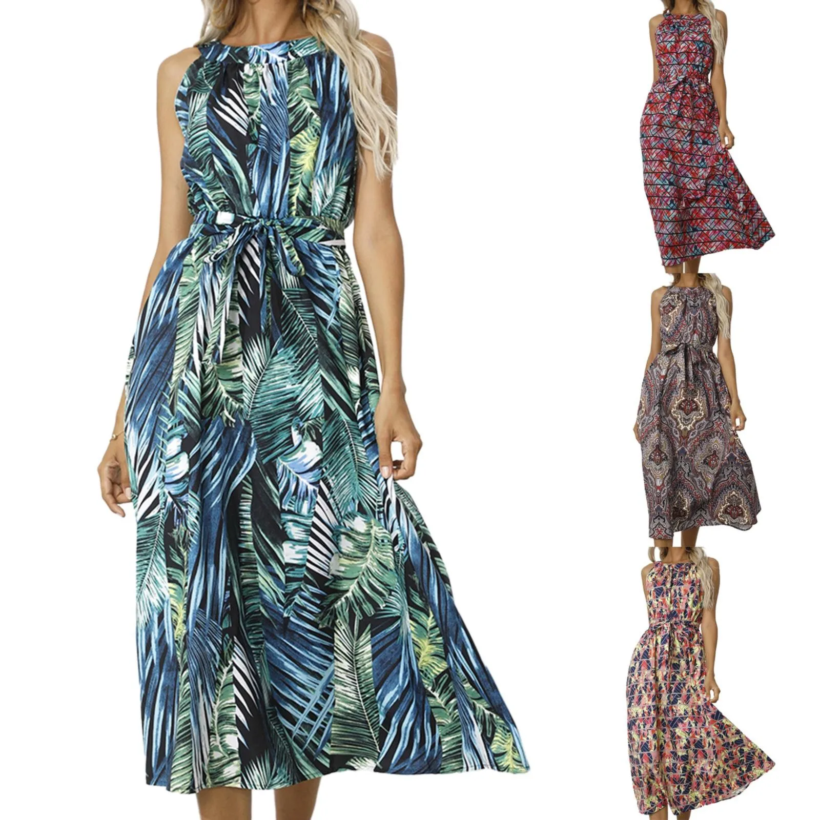 

Summer Print Lace Up Waist Sleeveless Dresses For Women Summer Casual