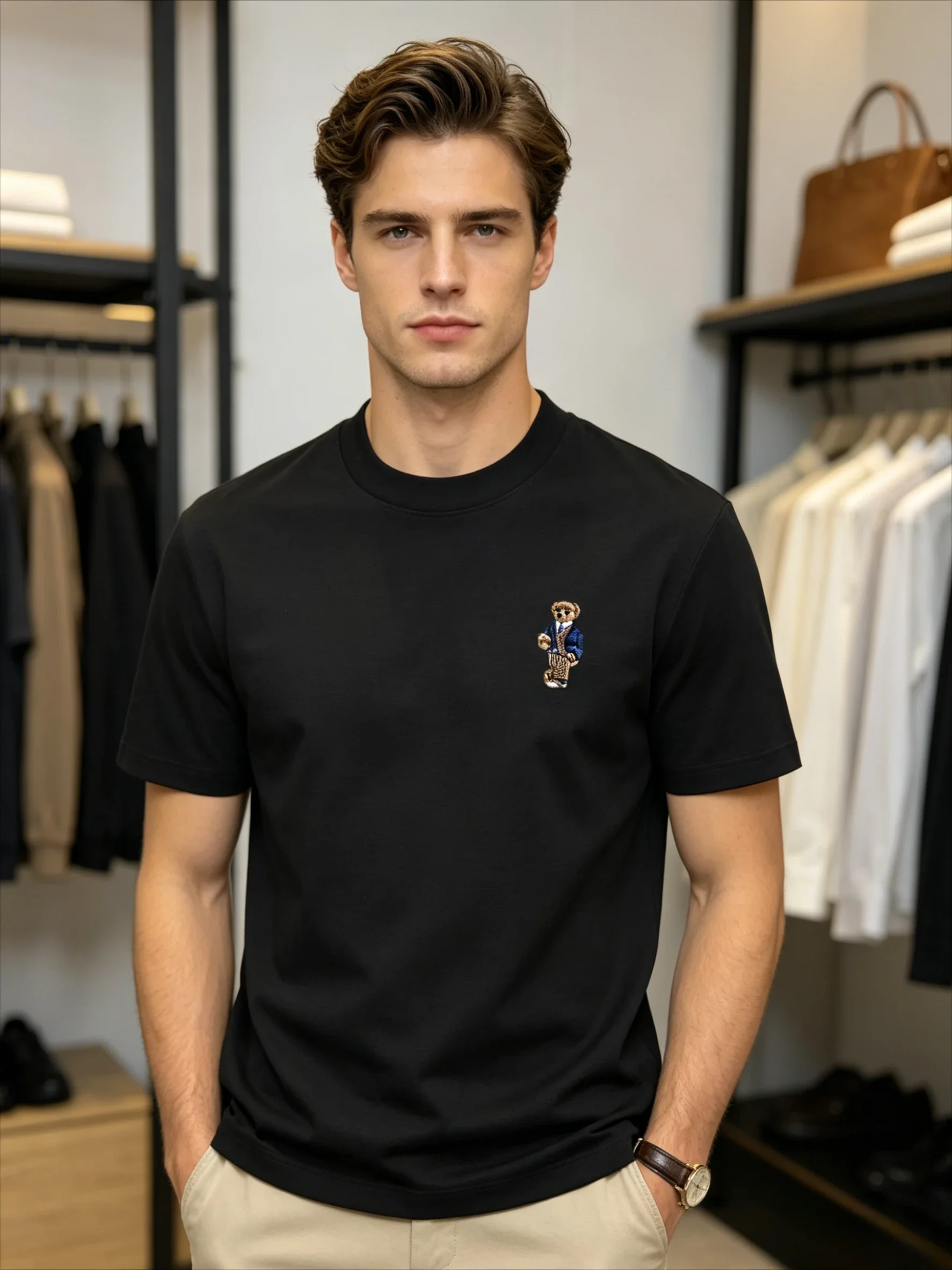 Neues hochwertiges Marken-T-Shirt für Herren mit kurzen Ärmeln und Rundhalsausschnitt, Sommermode-Boutique, Teddybär-Print, Baumwolle, koreanisches Casual-Oberteil.