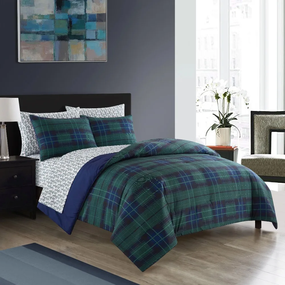 

Super Soft 7-Piece Blue Tartan Plaid Bed in a Bag Bedding Set, Queen King bedding set Home Textile
