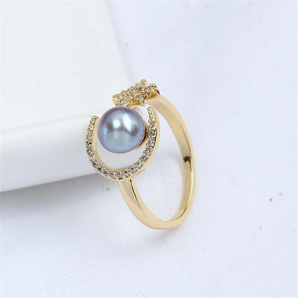 Domestically Produced 14k Gold Color Preserving Star Moon Ring Zircon Pearl Empty Bracket Adjustable DIY Accessories