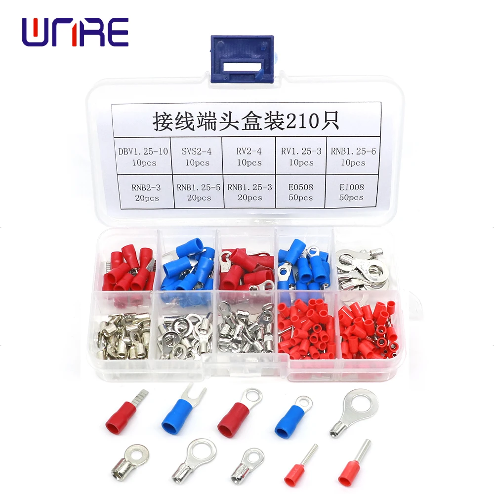 

210pcs Boxed Crimp Terminal O Shaped Wire Connector OT RNB2-3 + E0508 Insulated Ferrules Terminal Block Cord End Wire Connector
