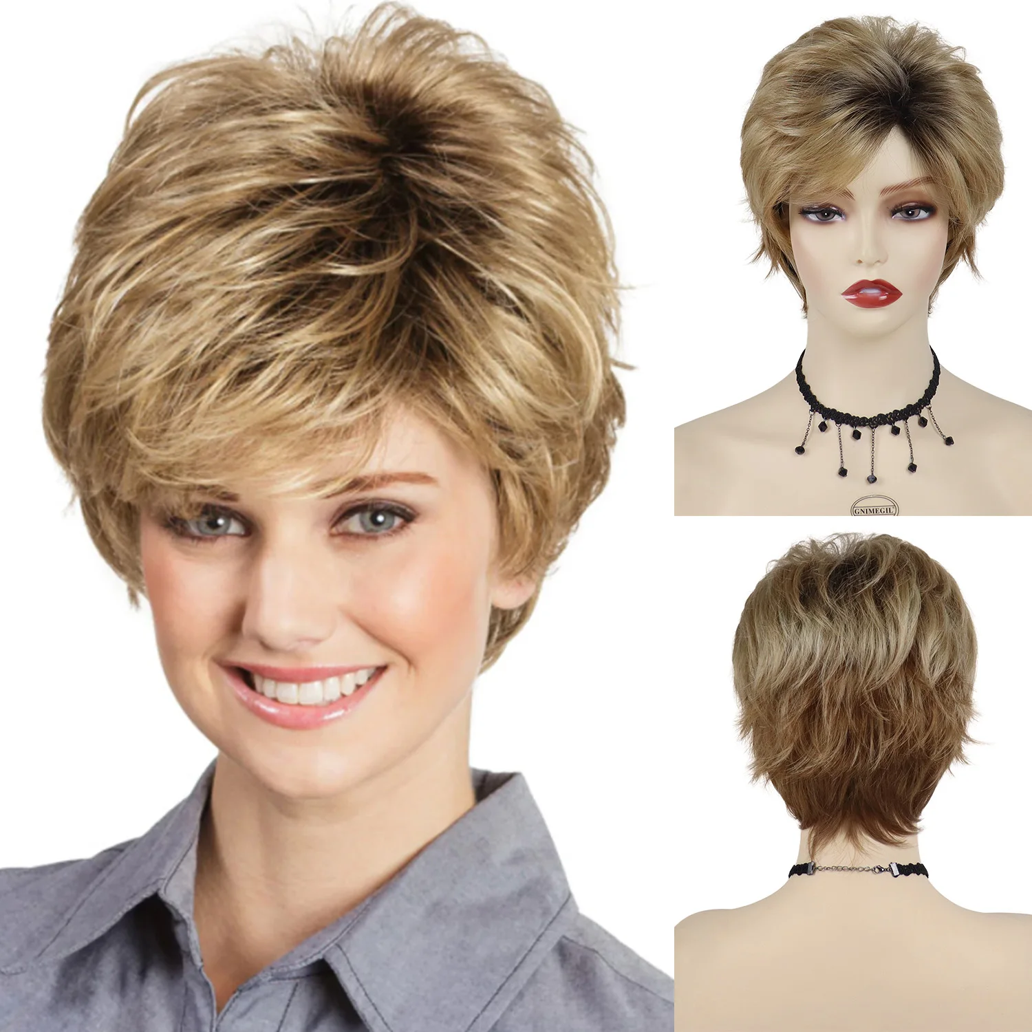 

GNIMEGIL Blonde Wigs for Women Synthetic Short Hair Natural Wigs with Bangs Dark Roots Ombre Fashion Style Mommy Wig Pixie Cuts