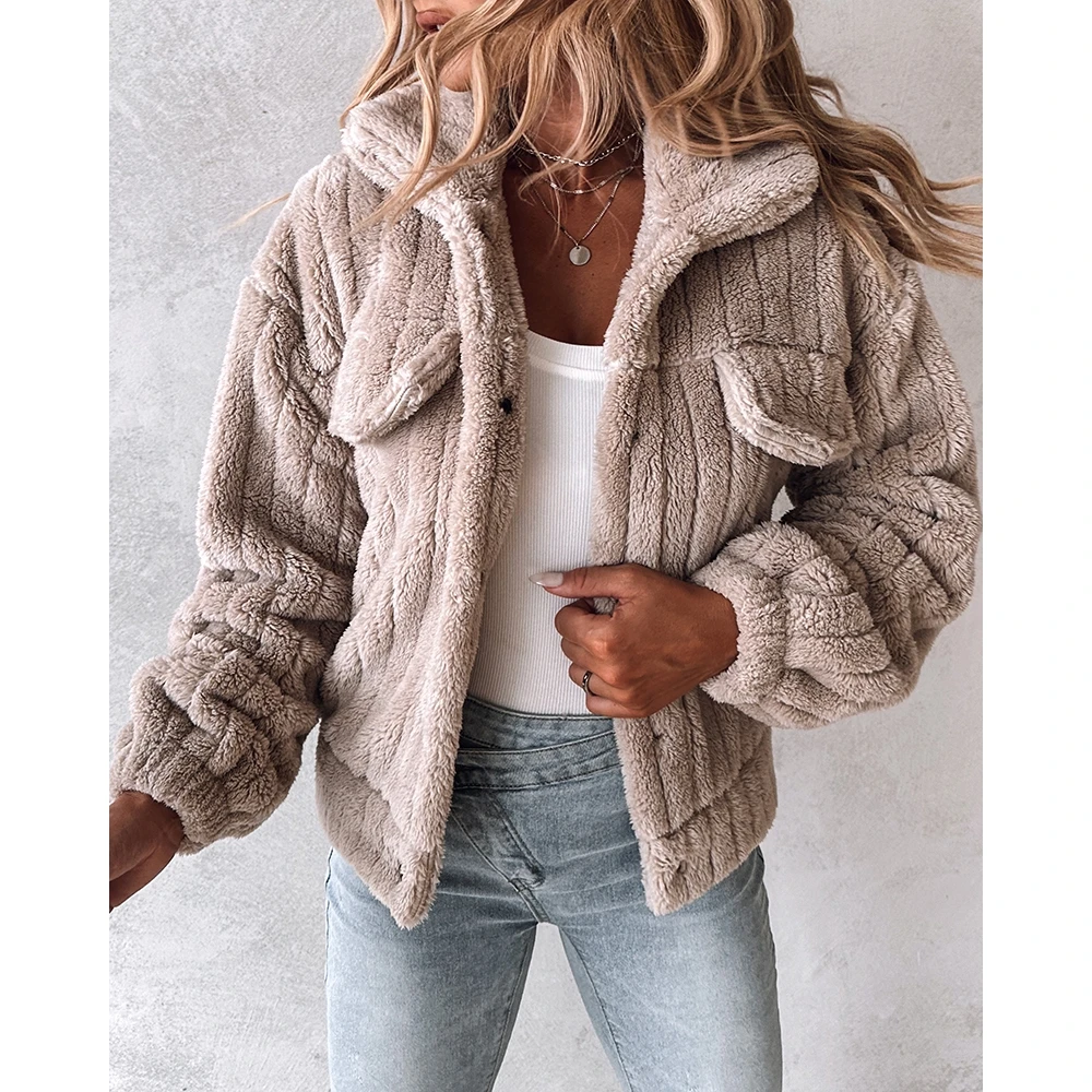 2023 Autumn Women Pocket Decro Long Sleeve Fluffy Coat Winter Femme Casual Turn-down Collar Thermal Warm Cropped Jacket Outfits