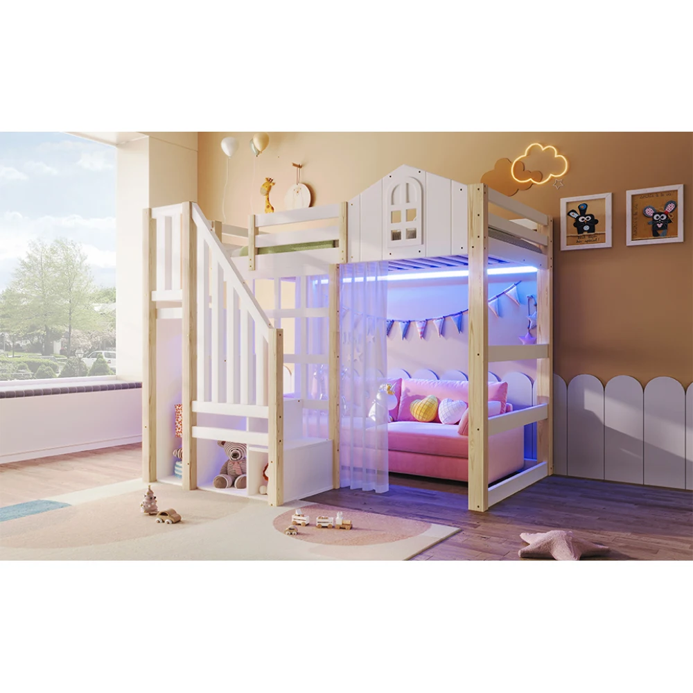 90x200cm Kinderzimmer-Hochbett, mit LED-Leuchten und Gaze, Fensterform, offenes Aufbewahrungsfach, Weiß + Natur (ohne Matratze) – Detail 23