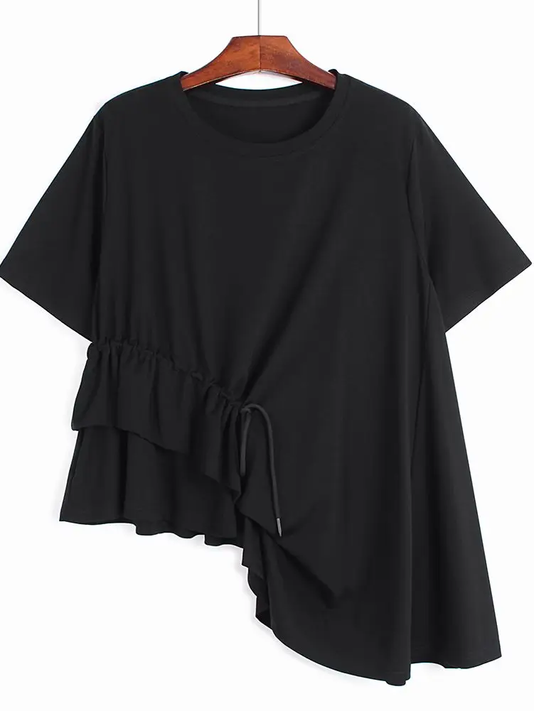

Fashion Solid Color Short-sleeved Streetwear T-shirt New Women's Summer Personality Drawstring Asymmetrical Pullover O-neck Top