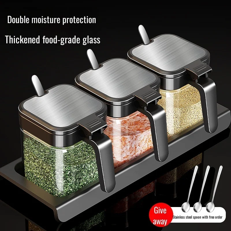 Kicthen Glass Seasoning Jar Household Seasoning Box with Spoon Sugar Bowl Salt Shaker Spices Container Bottle Sealed Storage Box