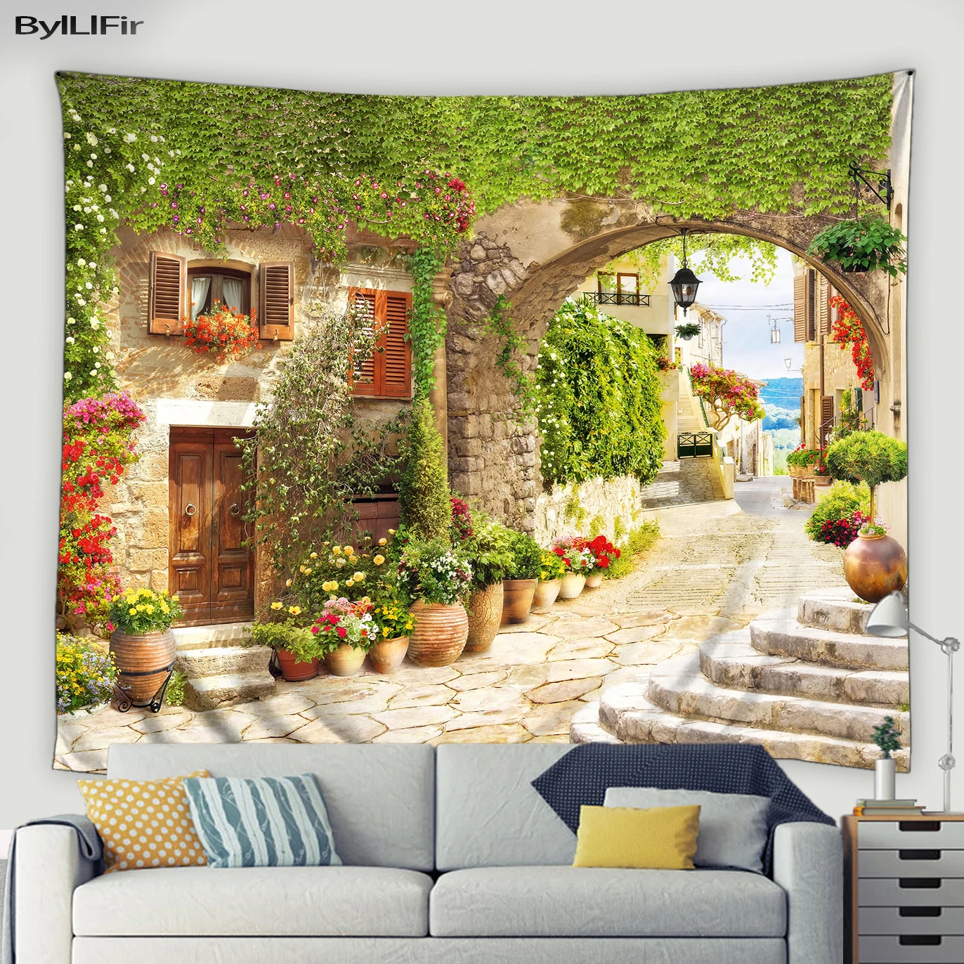 

Vintage Town Street Flowers Tapestry Arch Door Architecture Vine Plant European Scenery Home Living Room Dorm Decor Wall Hanging