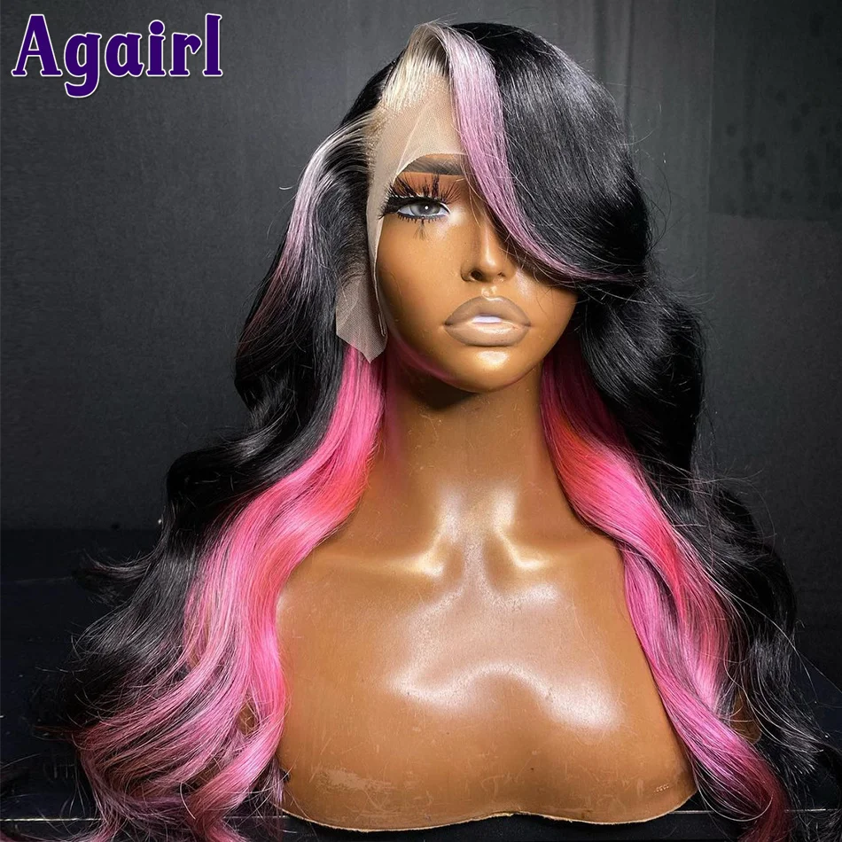 220% Density Earrings Dyed Pink Colored Human Hair 13X4 Lace Frontal Wigs Pink with Black Body Wave Lace Front Wigs Pre Plucked