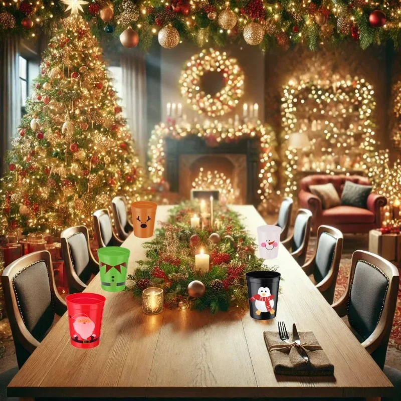 16oz Santa Reindeer Elf Snowman Party Beverage Cups Christmas Plastic Drinking Cups Juice Milk Cups for Christmas Party Supplies