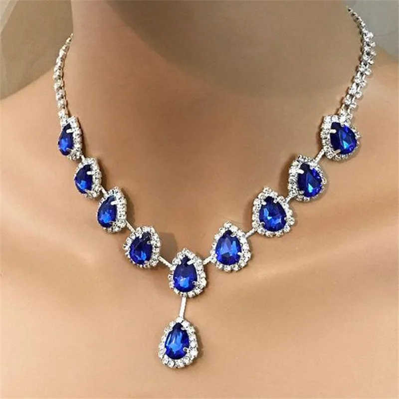pearl pendant Trendy Blue Water Drop Rhinestones Women's Necklace With Silver Color Inlaid Zircon Pandent For Women Accessories gold locket Necklaces & Pendants