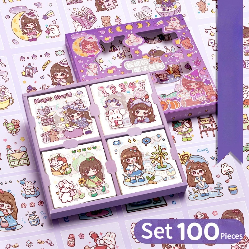 

100Pieces/set of Cartoon Transparent Cute Stickers for Girls Child Students Kids DIY Sticker Set Toys Scrapbook Supplies