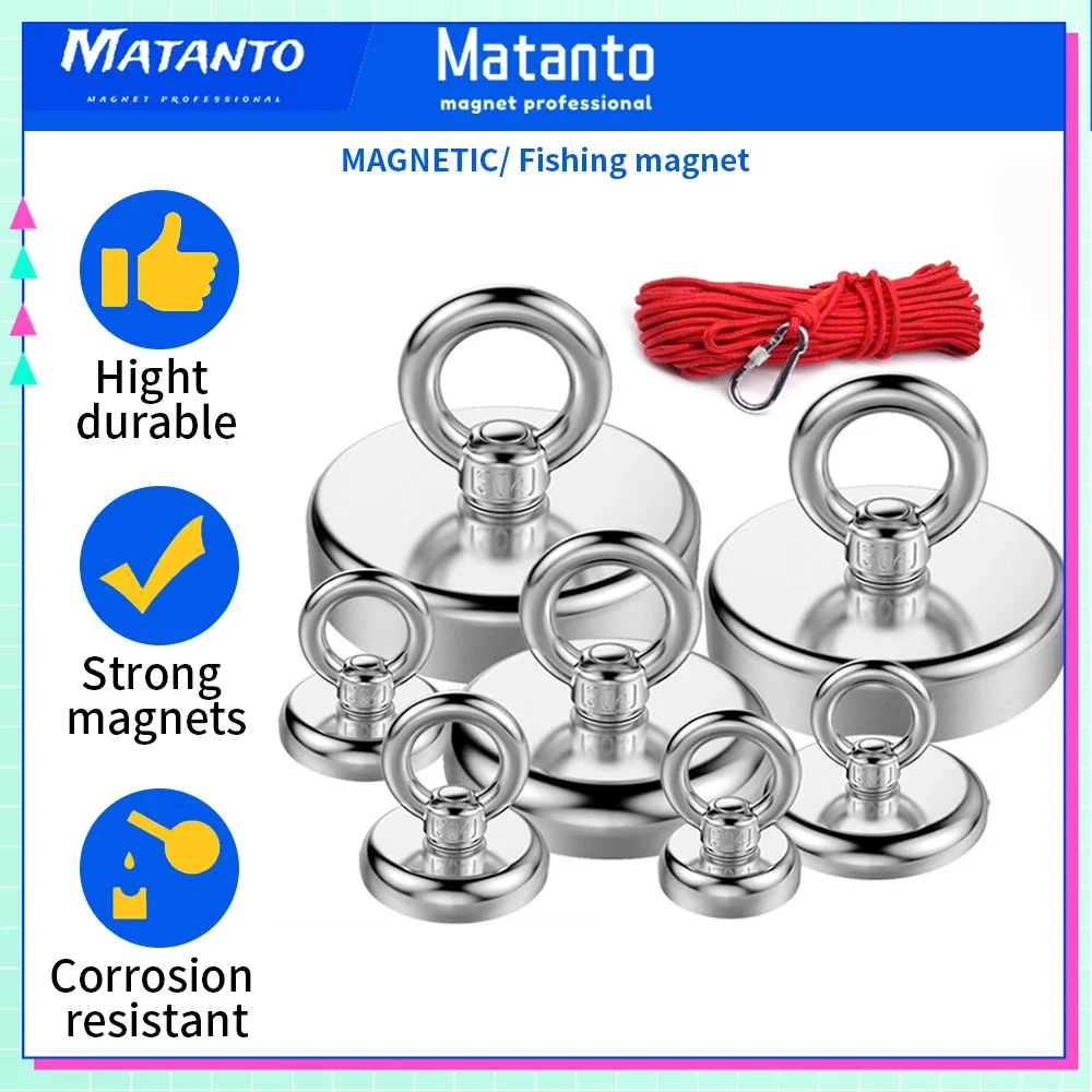 Forte Salvage Pesca Ímã D25 D32 D36 D42 Powful Ferro Magnético Pedra Anel Bargian Ndfeb Otário Gancho com Corda Vermelha Industrial