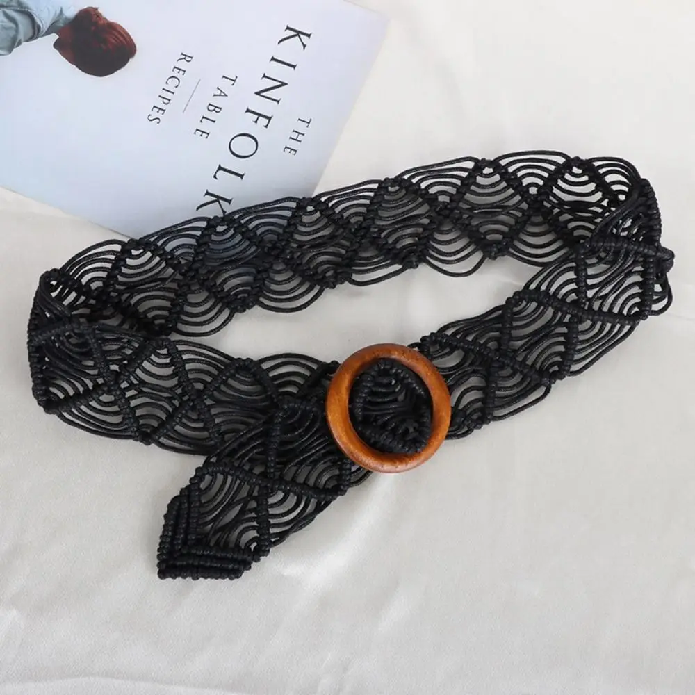 

Waistbands Accessories Hand-woven DIY Women Belts Braided Belt Women Waist Chain Round Wooden Button Ethnic Style Belts