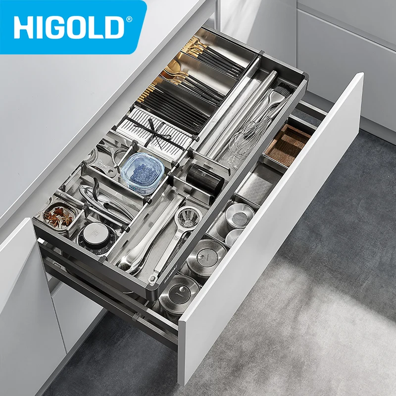 HIGOLD Small Pull Basket Kitchen Cabinet Tool Puller Single Drawer Space Aluminium Tool Basket Utility Room Damping Divider
