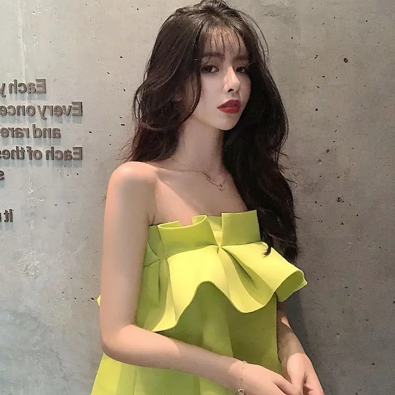 

Spring Women's New One-Word Collar Tops Strapless Tube Top Vest Women's Chic Beach Seaside Holiday Solid Color T-Shirt