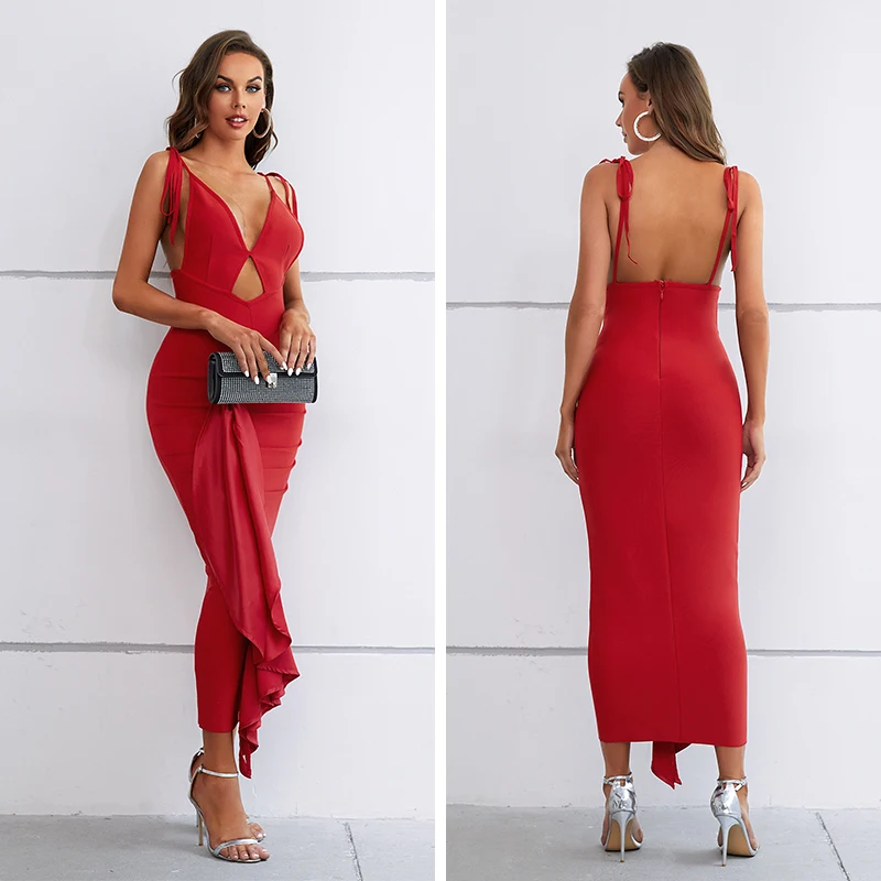 

2023 Women's Sleeveless Fashion Sling Skinny Long Bandage Dress Elegant Red Sleeveless Design Celebrity Party Dress