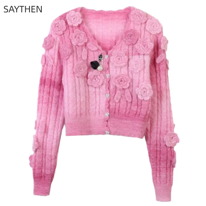 

SAYTHEN Mahai Sweater 2023 Autumn/Winter New Women's 3D Flower V-Neck Long Sleeve Slim Fit Short Sweetheart Knitted Cardigan