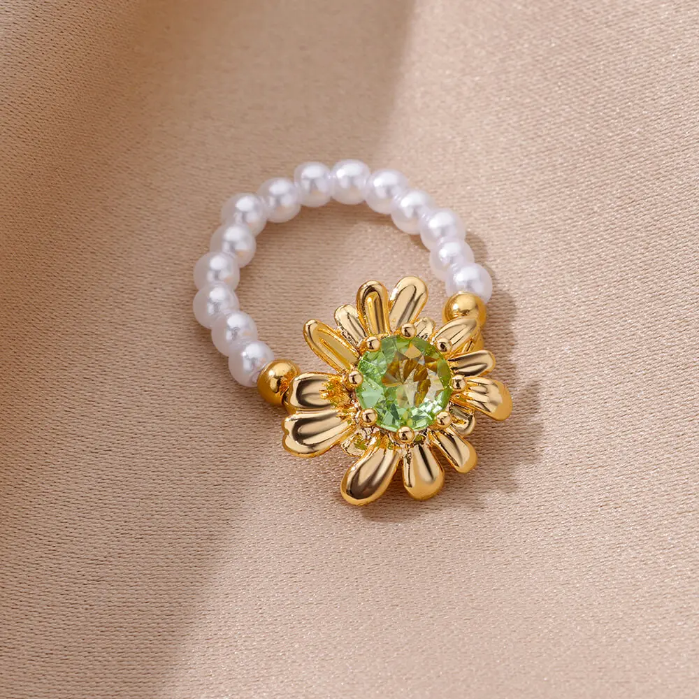 Stainless Steel Pearl & Green Zircon Flower Rings For Women