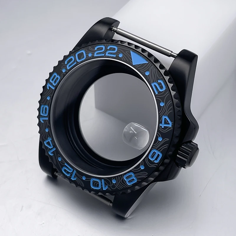 All-Black Sub Style Watch Case with Rubber Strap and Sapphire Crystal