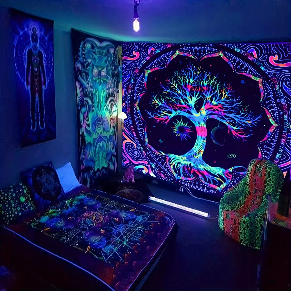 Description Picture 5 of item1Pcs 75x58cm Tree of Life Tapestry BlackLight Sun Moon Stars Galaxy Colorful Hippie Psychedelic Bedroom Dorm Decor Aesthetic