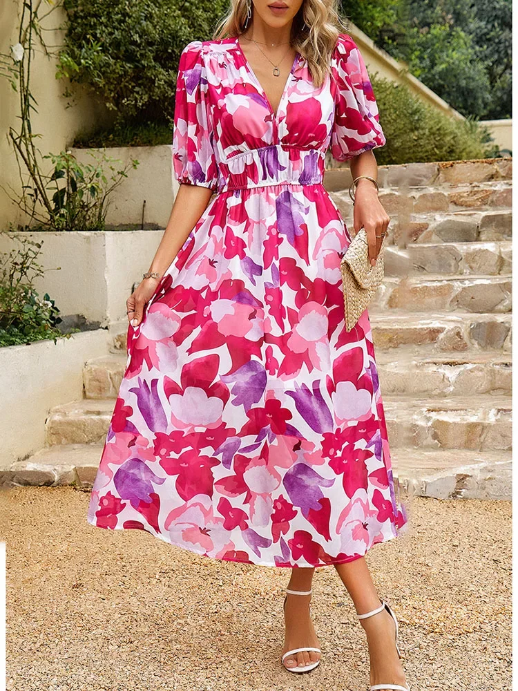 Vestido longo feminino elegante, design de alta qualidade, cinching, estampa com decote elástico, roupas femininas, 7 Scbe990ab81ed4324b85f50237ec584d4u