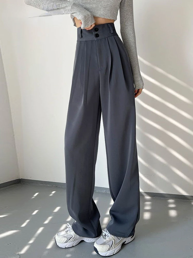 Black Suit Pants for Women Korean 2 Buttons Wide Leg Trousers Vintage Streetwear High Fashion Office Ladies Work Pants