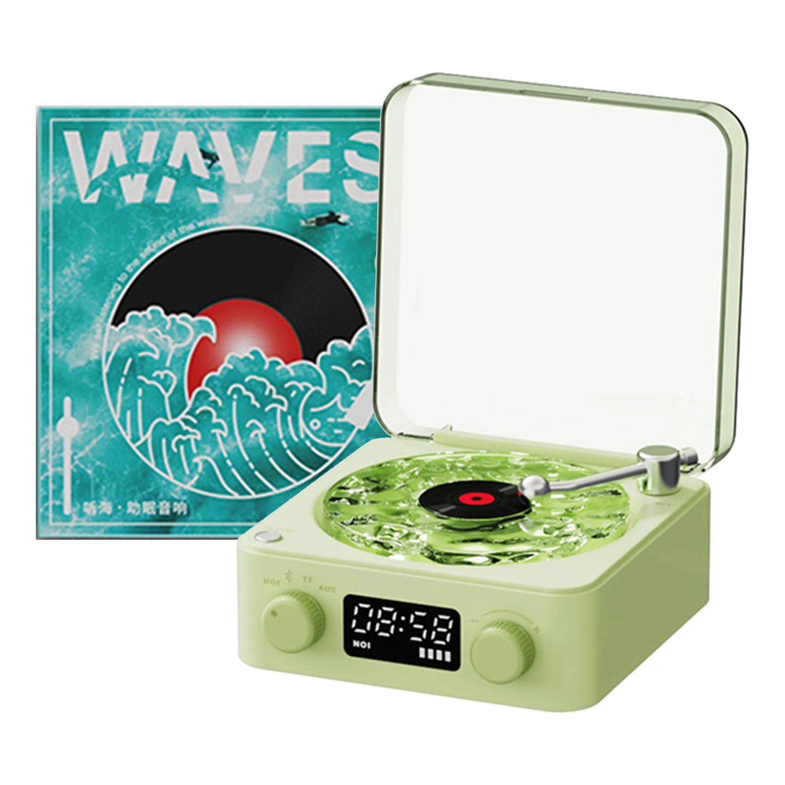 Enceinte Bluetooth Vintage Waves Avec Effet Vinyle Et Lumières - 5 Modes (bruit Blanc, Bluetooth, TF, AUX) - Batterie 1500 MAh - Blanc