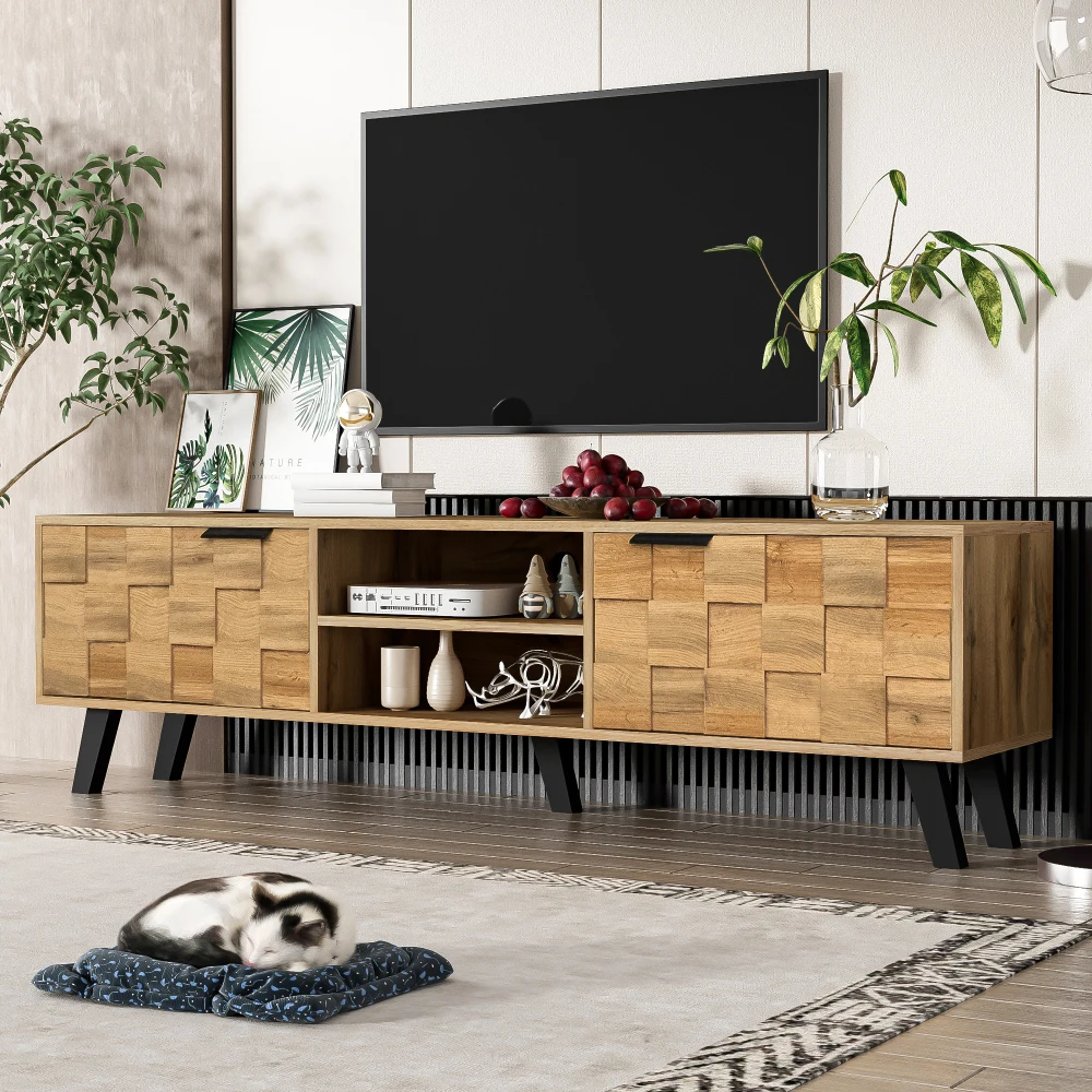 Zeitgenössischer moderner TV-Schrank – geschlossene Aufbewahrungstüren und offene Ausstellungsfächer, 160,5 x 35,5 x 45 cm, großes Fassungsvermögen – Detail 6