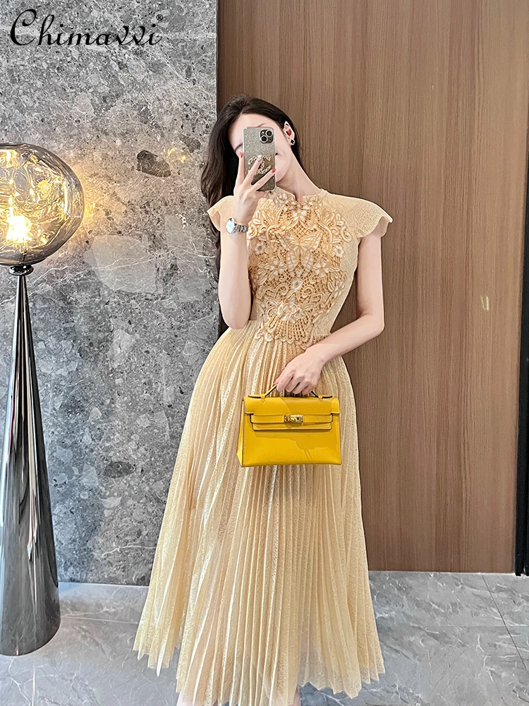 

Dresses Women 2024 Summer New Heavy Industry Embroidery Palace Style Long Ladies Dress French Fashion Elegant Pleated Dress