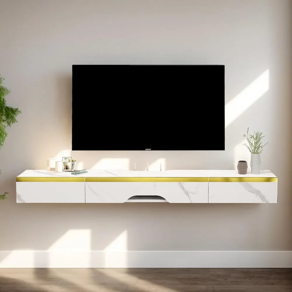Floating TV Shelf with Drawers, 66'' Wall Mounted Wood Floating TV Console Entertainment Media Shelf TV Wall Unit(White) 3
